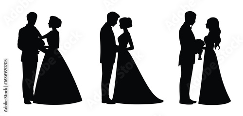 Silhouettes of three couples in wedding attire embracing