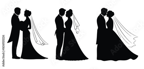 Three silhouettes of wedding couples in romantic poses