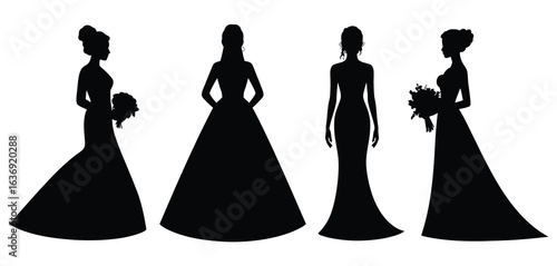Elegant silhouette of four women in formal evening gowns holding bouquets