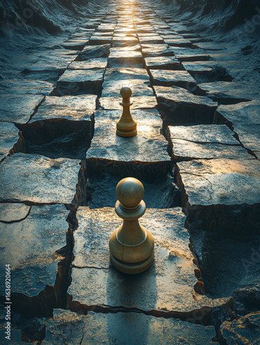 A conceptual image of chess as a metaphor for life. The chessboard is cracked and uneven, with pieces of various sizes and shapes representing different challenges. 