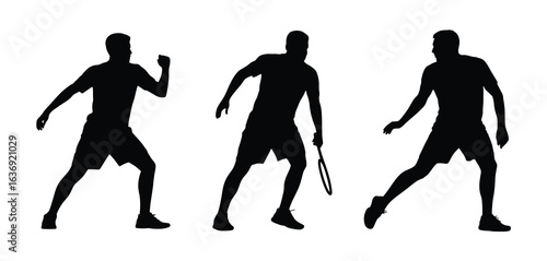 Three silhouettes of a badminton player in action poses