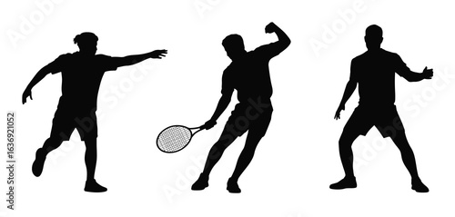 Three silhouettes of tennis players in action poses