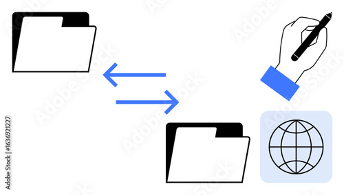 Document folders connected by arrows, hand writing with pen, and globe suggesting global data sharing. Ideal for file management, collaboration, networking, technology, globalization, communication