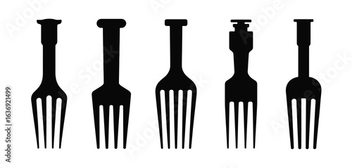 Five black silhouette forks arranged in a row on a white background