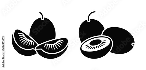 Stylized black silhouette of kiwifruit slices and whole fruits