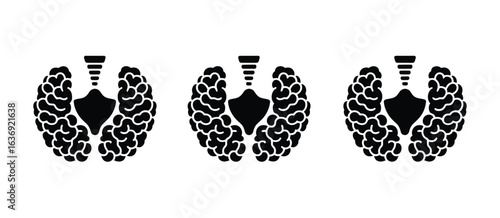 Three stylized black and white illustrations of the human thyroid gland