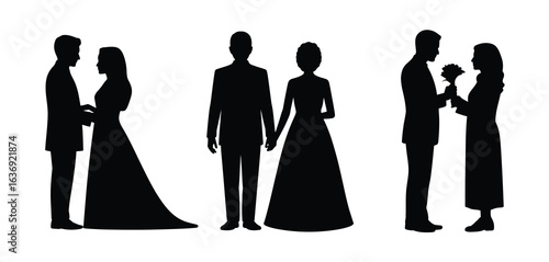 Silhouettes of three wedding couples in formal attire