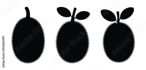 Three black silhouettes of jackfruit with leaves on a white background