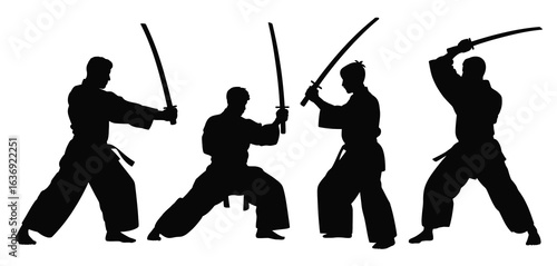 Silhouettes of four warriors practicing martial arts with swords