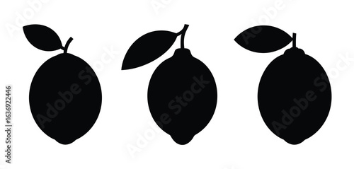 Three black silhouette lemons with leaves on white background