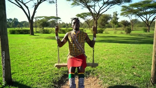 Young African man in colorful traditional clothing swinging on a wooden swing in a lush green park