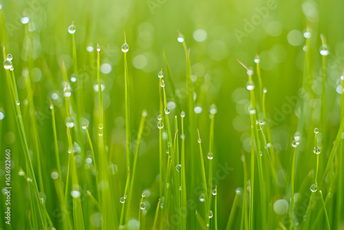 Lush green grass with shimmering morning dewdrops. A serene and fresh nature background with beautiful bokeh.