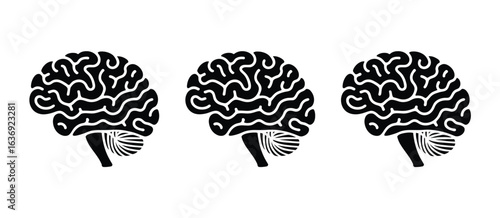 Three stylized black and white human brains in a row