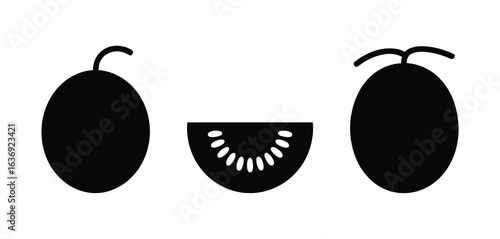 Black silhouette of two plums and a slice of kiwi fruit