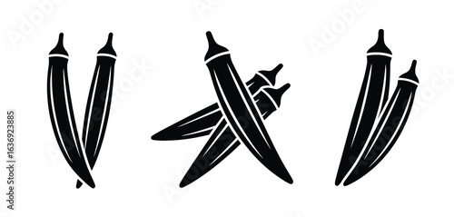 Three stylized black and white illustrations of okra pods