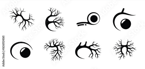 Collection of stylized anatomical illustrations featuring branching neural networks and eye cross sections