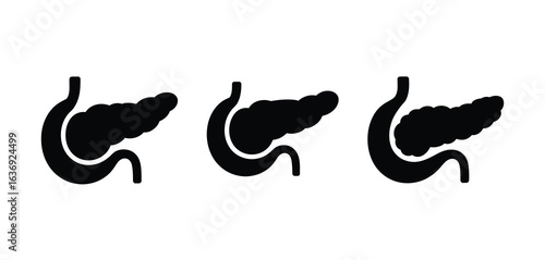 Three stylized black pancreas and duodenum icons on a white background