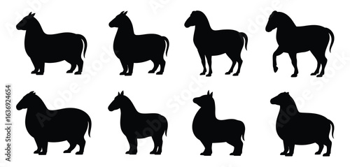 Collection of eight black llama silhouettes in various poses