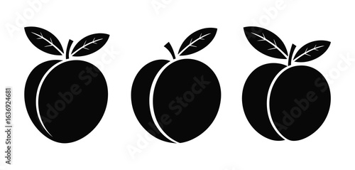 Three stylized black plums with leaves and stems on a white background