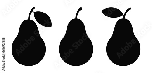 Three black silhouette pears with stems and leaves on a white background