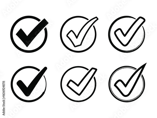 Iconic Checkmark Collection: A collection of six checkmark icons, each a crisp, high-quality graphic design element signifying approval, confirmation, or completion.