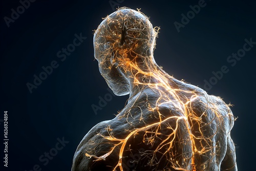 Anatomical illustration of the human nervous system highlighting the intricate network of nerves and their connections within the body