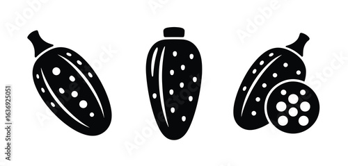 Black and white illustration of three pickles with one sliced