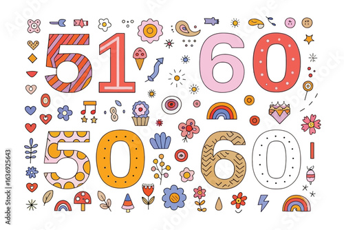 Number Illustration: A whimsical array of vibrant numbers and decorative elements, ideal for celebratory themes, special occasions or designs needing eye-catching playful flair. 
