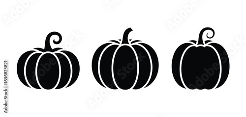 Three black pumpkin silhouettes on a white background