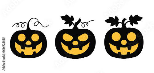 Three grinning carved halloween pumpkins with glowing faces and stems