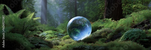 Crystal sphere reflecting earth in vibrant forest enclave