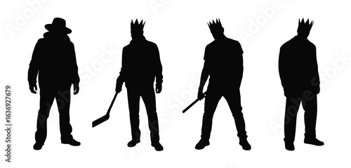 Four silhouettes of men in crowns holding hockey sticks