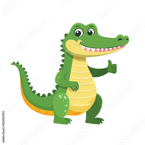 A cheerful alligator giving a thumbs-up, standing on two legs, with a friendly smile on its face. Its green scales and bright eyes create a playful and inviting vibe.
