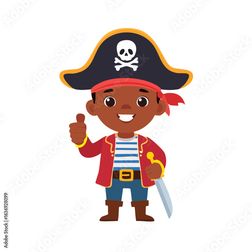 An illustration of a cheerful young pirate with a red coat and a pirate hat, giving a thumbs-up sign