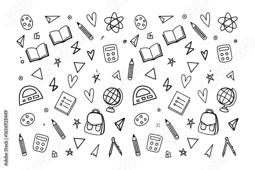 Education Doodle Pattern: Whimsical doodle pattern showcasing essential school supplies on a textured background. Perfect for educational design, adding a touch of creativity and charm.