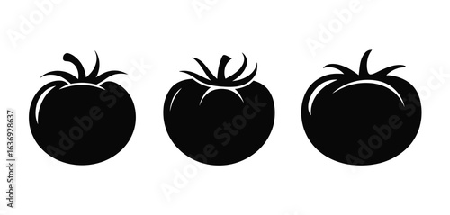 Three black silhouette icons of ripe tomatoes on a white background