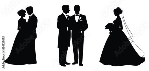 Wedding couple silhouettes bride groom and two grooms