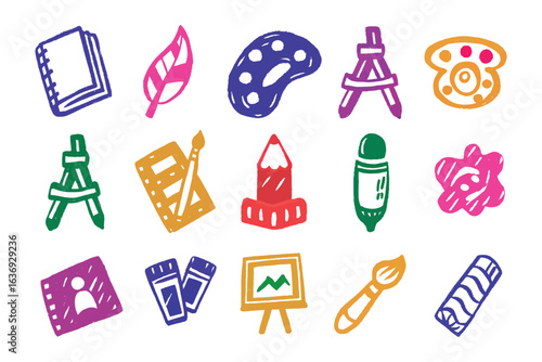 Art Supplies Icon Set: A delightful assortment of hand-drawn art supply icons, perfect for adding a touch of creative flair to any project. Including, painting tools and accessories.