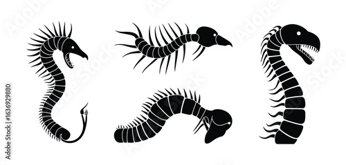 Set of three stylized black dinosaur skeletons on a white background