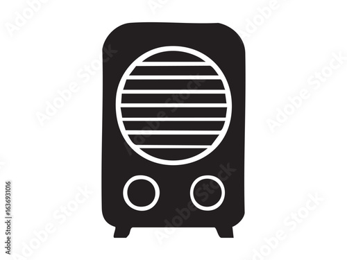 Black silhouette of vintage radio with horizontal lines and circular knobs, isolated on white background. concept of retro technology, classic communication, icon, logo, design element