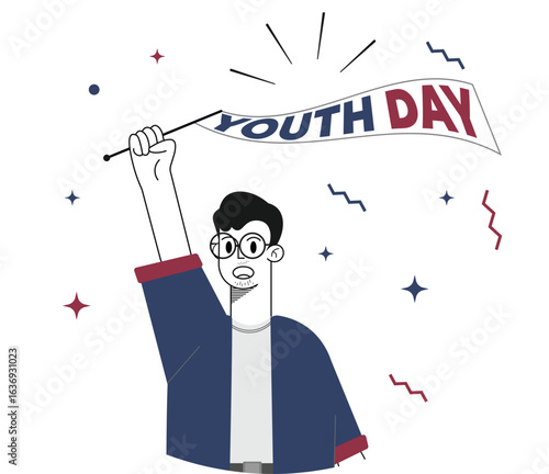 Youth Day Illustration: A vibrant illustration of a young person triumphantly holding a banner reading Youth Day, symbolizing the spirit of youth and celebration.