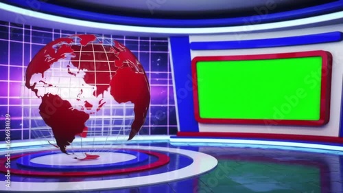 Virtual studio set background with green screen, globe and modern design for news, tv show, broadcast, media and digital presentation