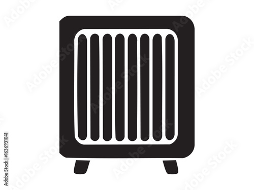 Black silhouette of a heater icon, isolated on white background. concept of home appliance, temperature control, climate, minimalist logo, heating element, design element