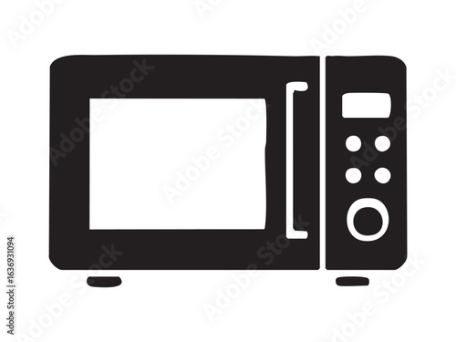 Black silhouette of microwave oven with control panel isolated on white background. concept of kitchen appliances, cooking, home electronics, design element, icon.