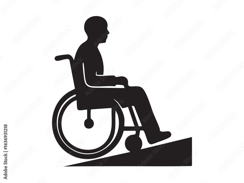 Fototapeta premium Black silhouette of person with disability in wheelchair on ramp isolated on white background. concept of accessibility, mobility aid, inclusive design, disabled icon, health awareness