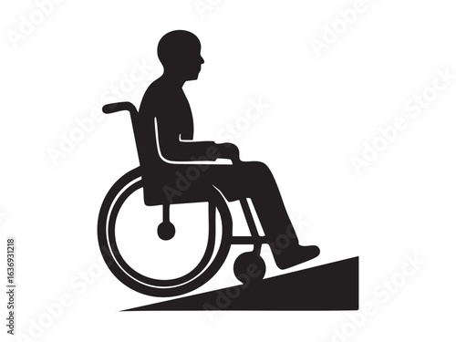 Black silhouette of person with disability in wheelchair on ramp isolated on white background. concept of accessibility, mobility aid, inclusive design, disabled icon, health awareness