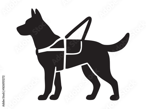 Silhouette of guide dog with harness, isolated on white background, graphic illustration. Concept of assistance animal, service dog, support for blind people, design element