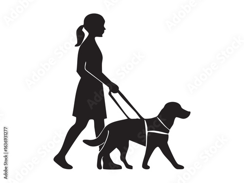 Black silhouette of Blind person with a disability walking guide dog, isolated on white background, graphic illustration. concept of assistance, inclusivity, service animals, independence.