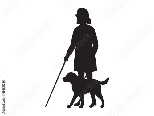 Black silhouette of Blind woman with disability and guide dog, isolated on white background, graphic illustration. concept of accessibility, assistance, support, disability icon, logo, design element
