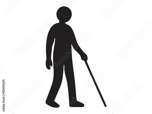 Black silhouette of person with disability using walking cane, isolated on white background. concept of accessibility, disability awareness, inclusion, mobility, assistive devices
